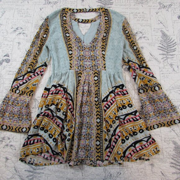 Free People Dress Womens Blue green Tegan Border Print Bell Slv Boho Mini size 2 - Picture 2 of 10